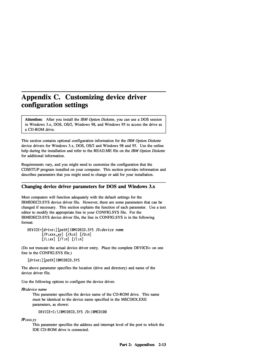 IBM 09N4076 manual settings, Customizing, driver, configuration, Appendix, device, 2-13 