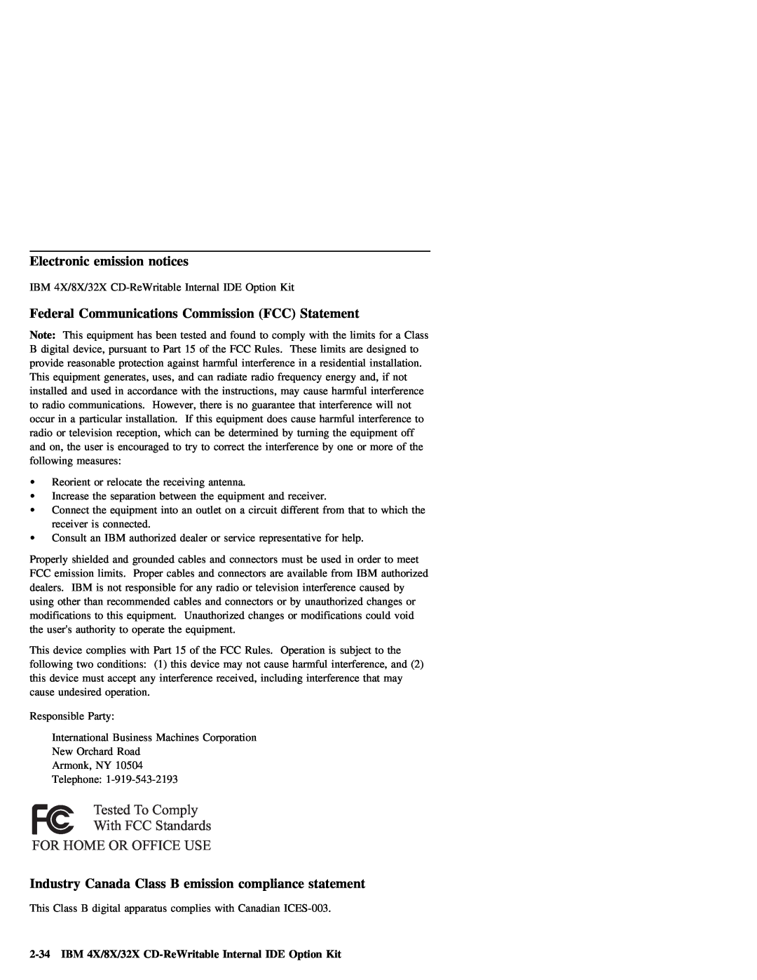 IBM 09N4076 Industry Canada Class B emission compliance statement, IBM 4X/8X/32X CD-ReWritable Internal IDE Option Kit 