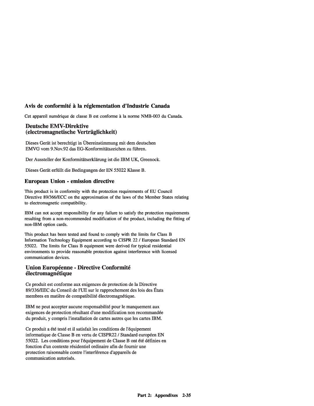 IBM 09N4076 manual Avis de conformité à la réglementation dIndustrie Canada, directive, 2-35, European 