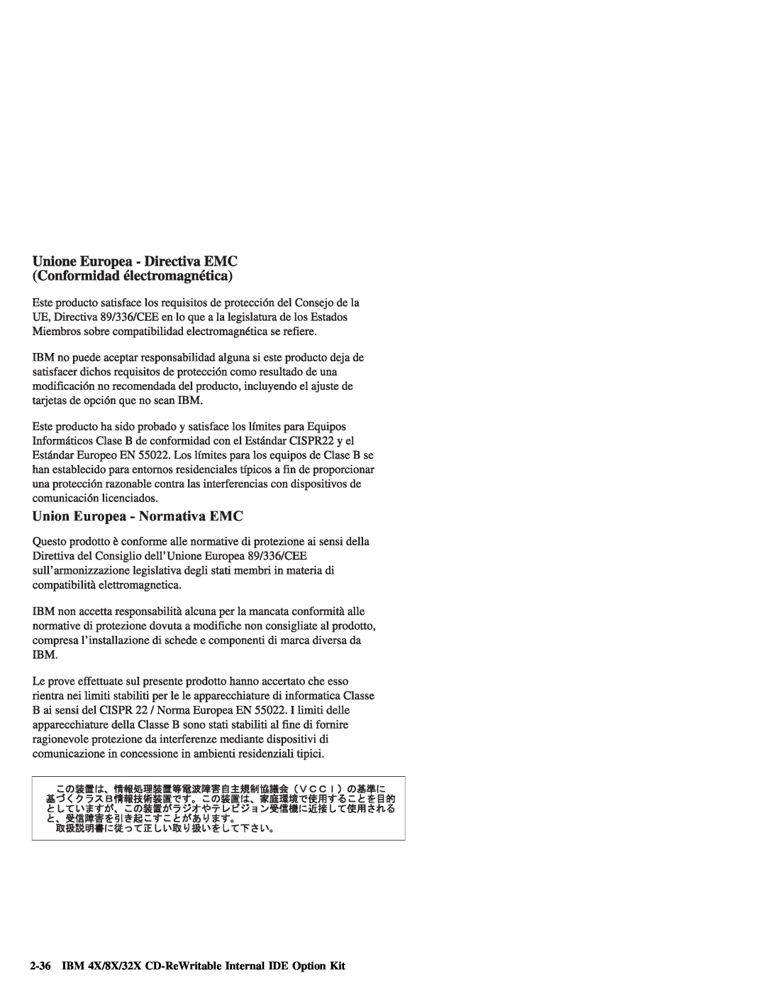 IBM 09N4076 manual Union Europea - Normativa EMC, IBM 4X/8X/32X CD-ReWritable Internal IDE Option Kit 