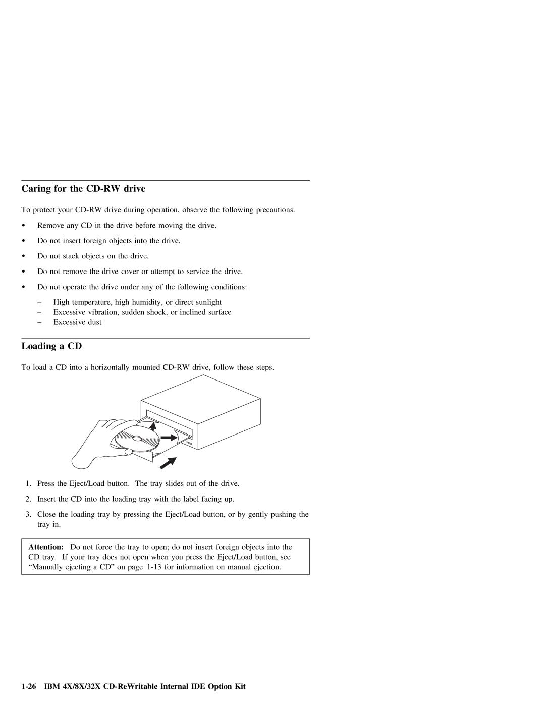 IBM 09N4076 manual Caring for the CD-RW drive 