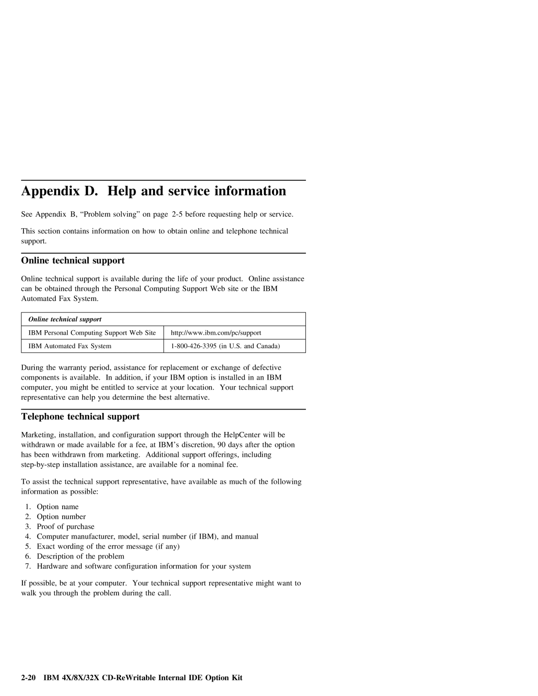 IBM 09N4076 manual Appendix D. Help and service information, Support 