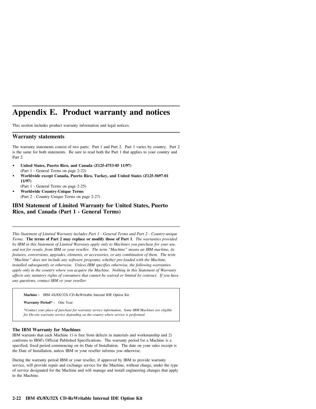 IBM 09N4076 manual Appendix E. Product warranty and notices, Warranty statements 