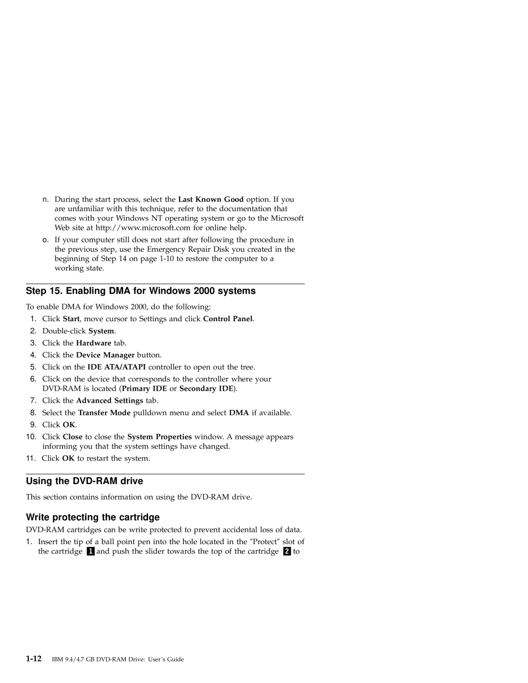 IBM 09N4153 manual Enabling DMA for Windows 2000 systems, Using the DVD-RAM drive, Write protecting the cartridge 