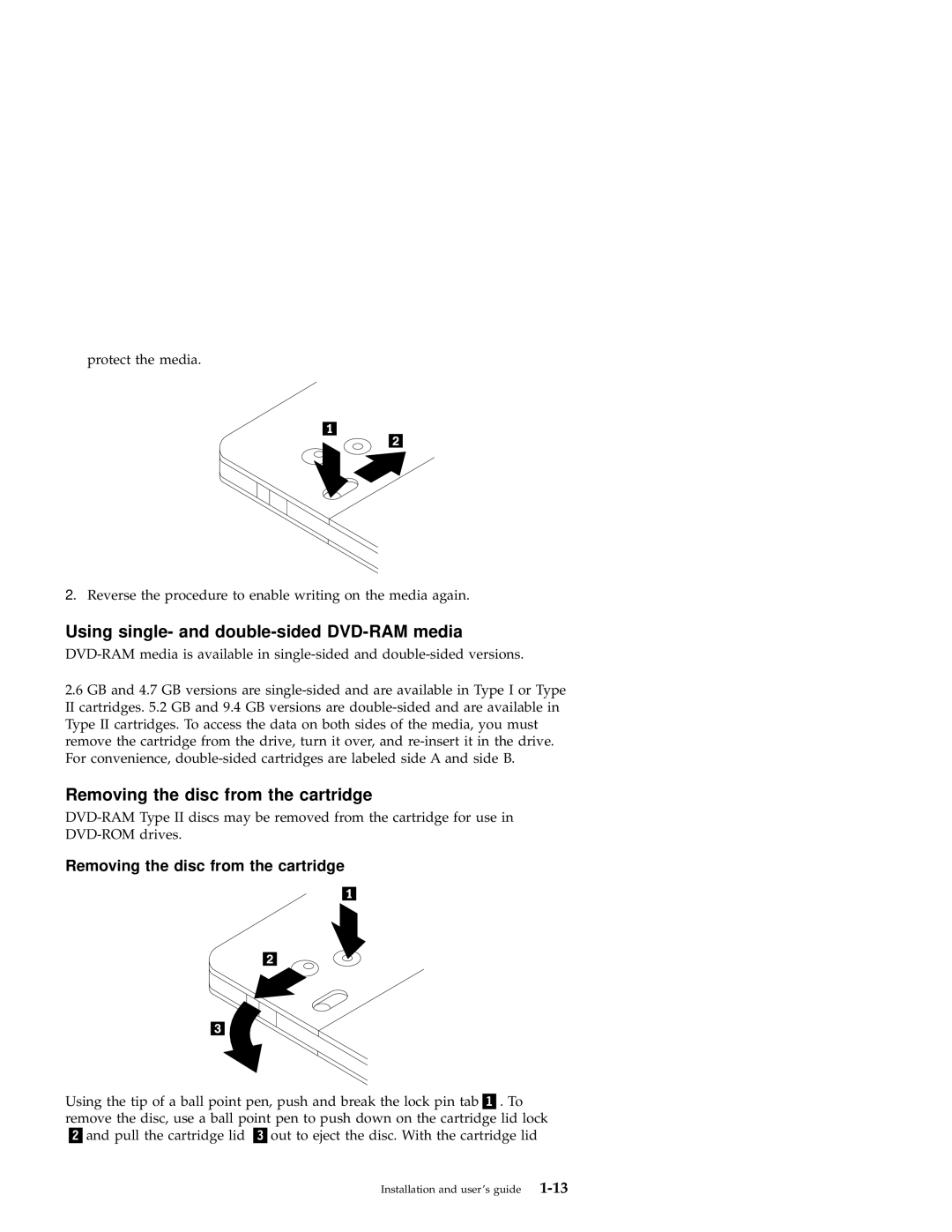 IBM 09N4153 manual Using single- and double-sided DVD-RAM media, Removing the disc from the cartridge 