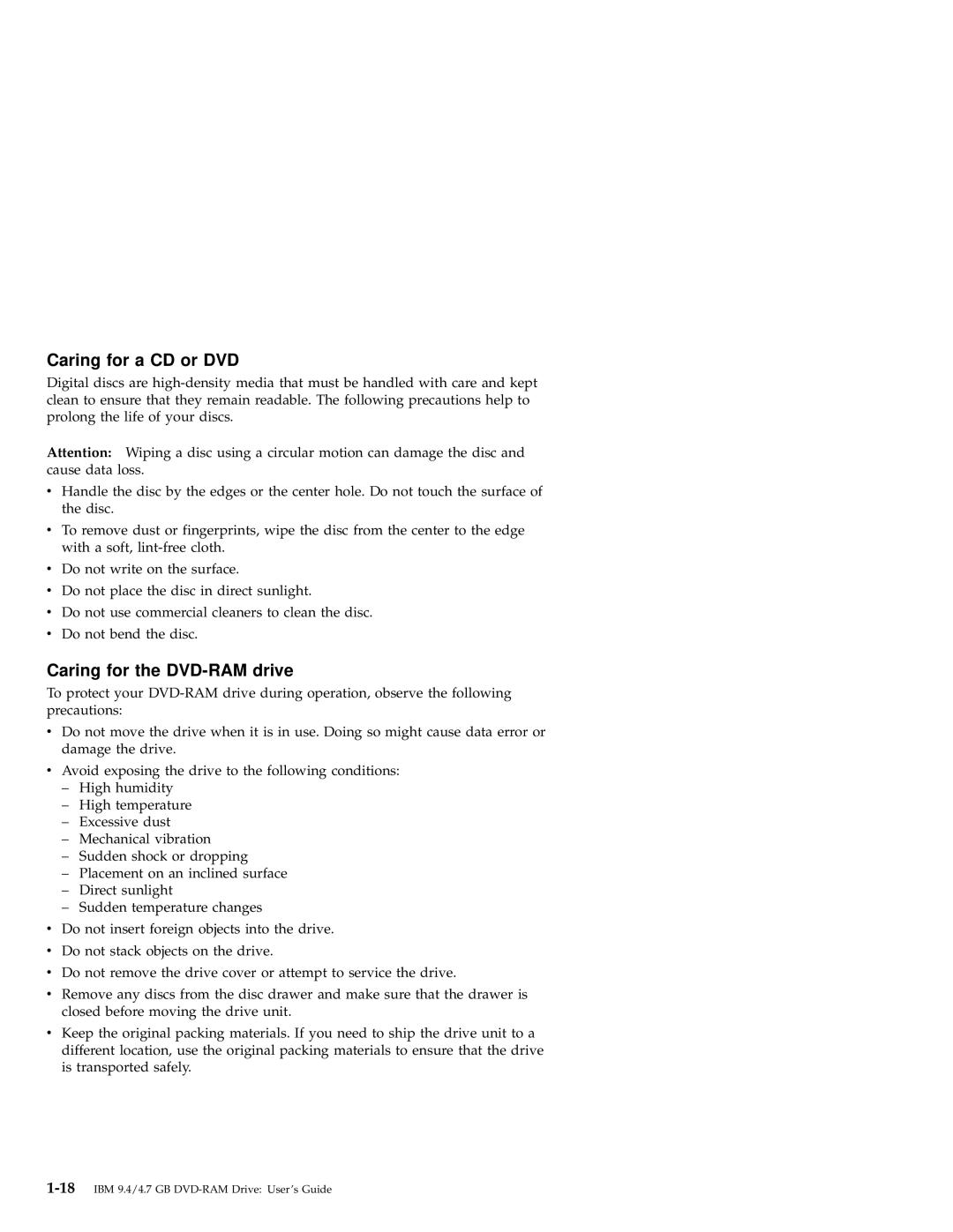 IBM 09N4153 manual Caring for a CD or DVD, Caring for the DVD-RAM drive 