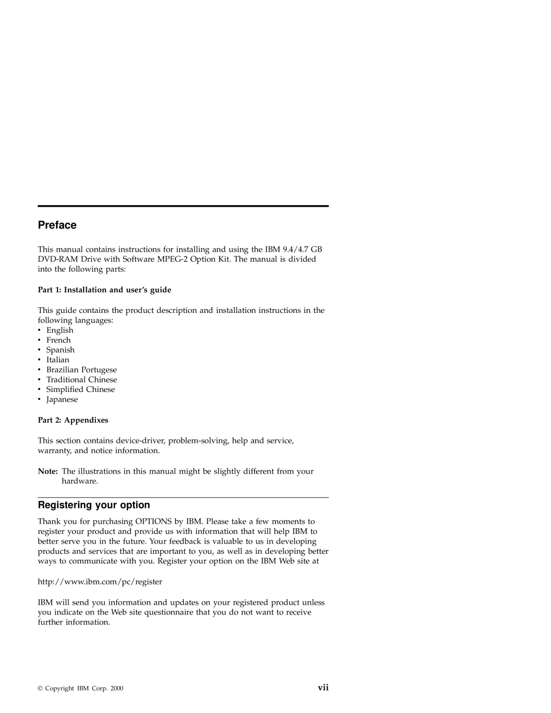 IBM 09N4153 manual Registering your option, Part 1 Installation and user’s guide, Part 2 Appendixes 