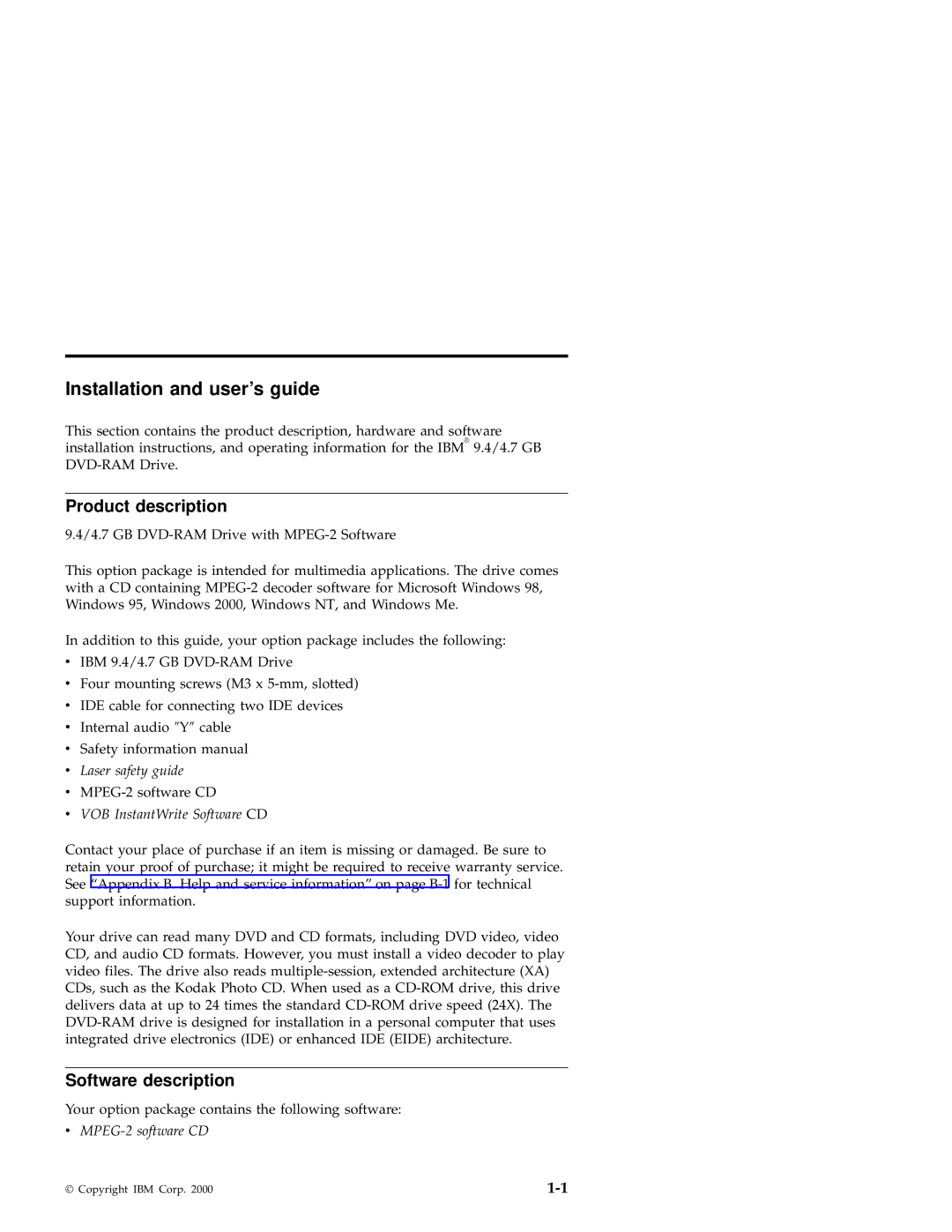 IBM 09N4153 manual Product description, Software description 