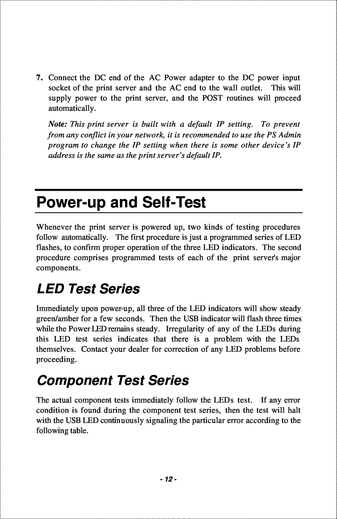 IBM 1-Port USB Print Server manual Power-up and Self-Test, LED Test Series, Component Test Series 