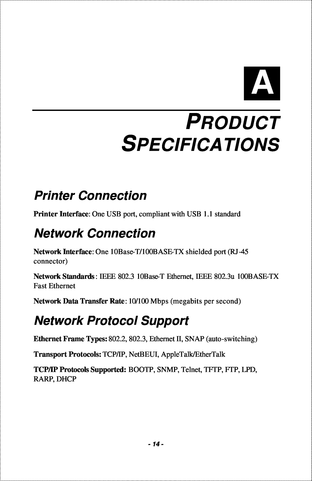 IBM 1-Port USB Print Server manual Product Specifications, Printer Connection, Network Connection, Network Protocol Support 