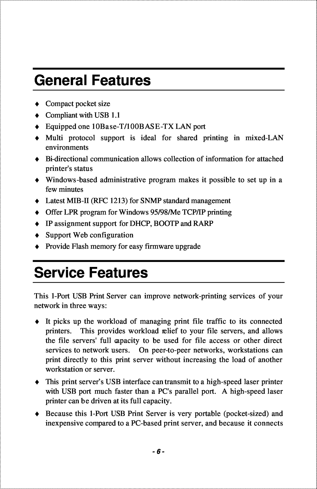 IBM 1-Port USB Print Server manual General Features, Service Features 