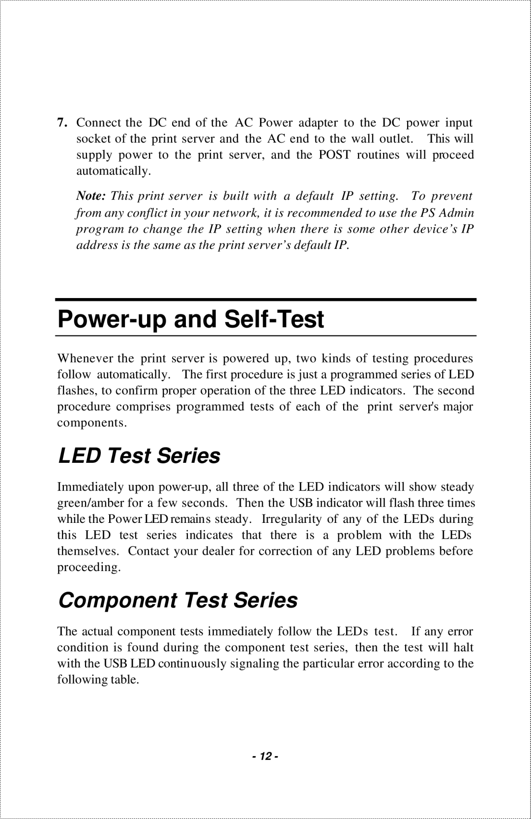 IBM 1-Port USB Print Server manual Power-up and Self-Test, LED Test Series, Component Test Series 