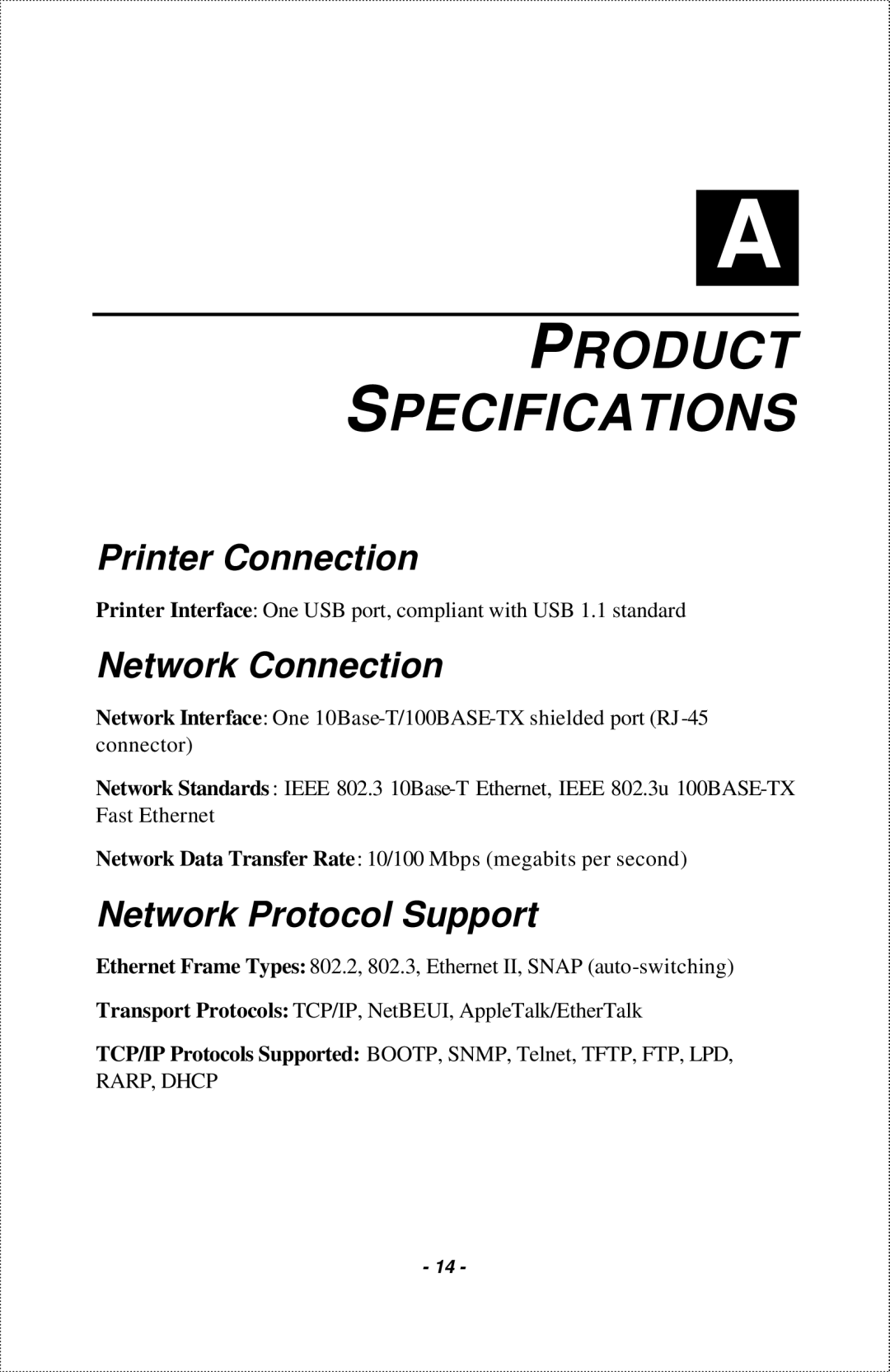 IBM 1-Port USB Print Server manual Product Specifications, Printer Connection, Network Connection, Network Protocol Support 