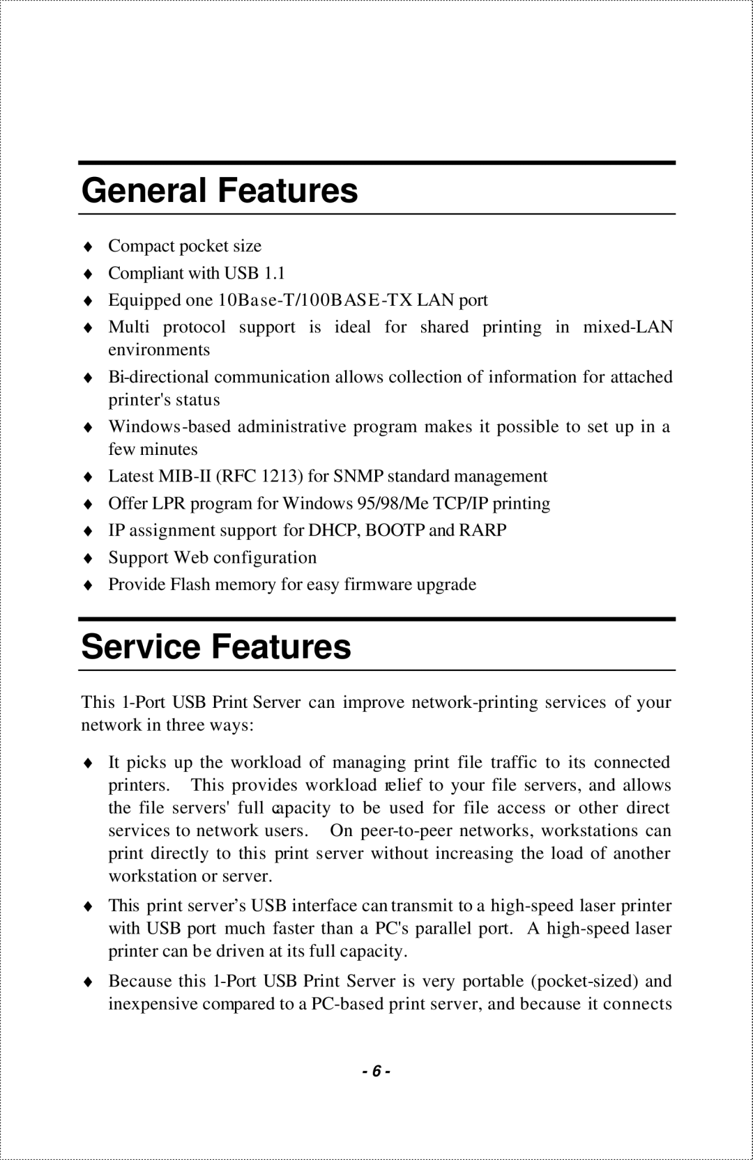 IBM 1-Port USB Print Server manual General Features, Service Features 