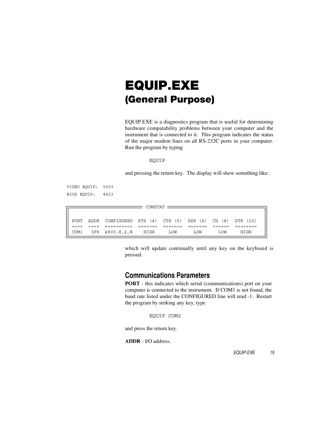 IBM 1000-90 manual Equip.Exe, Communications Parameters 