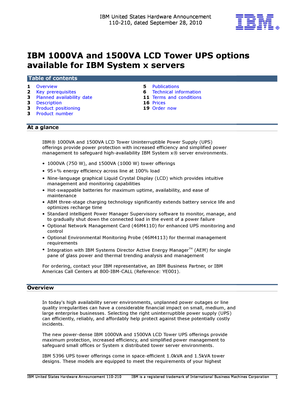 IBM 1500VA manual IBM United States Hardware Announcement 110-210, dated September, At a glance, Overview, Publications 