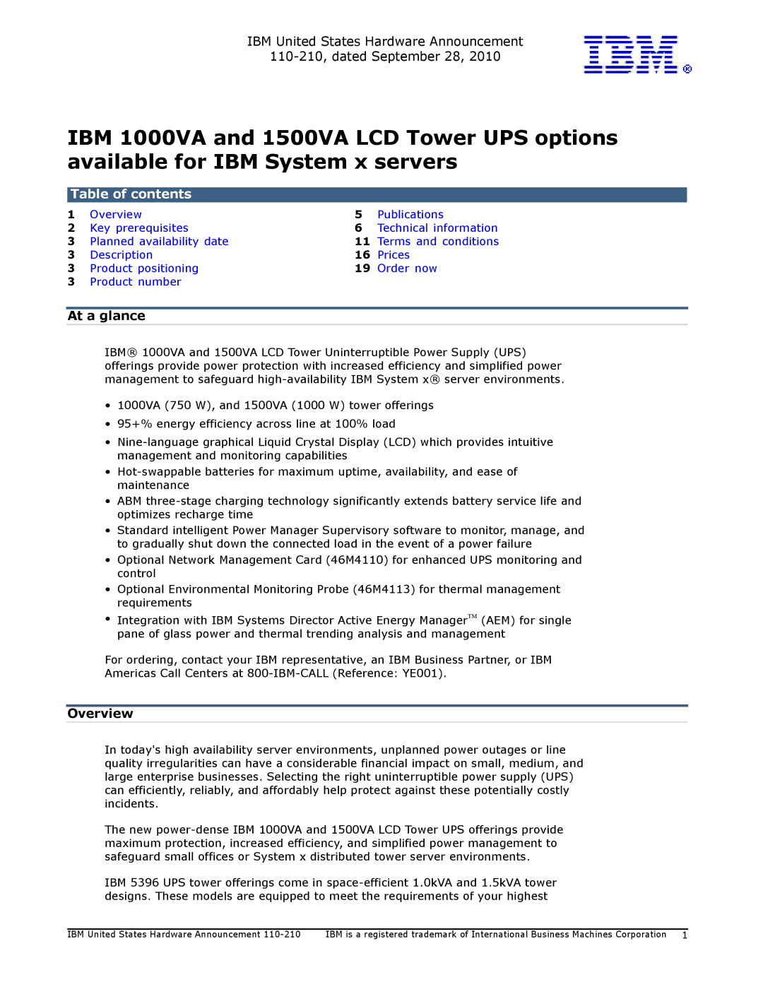 IBM 1500VA, 1000VA manual Table of contents 