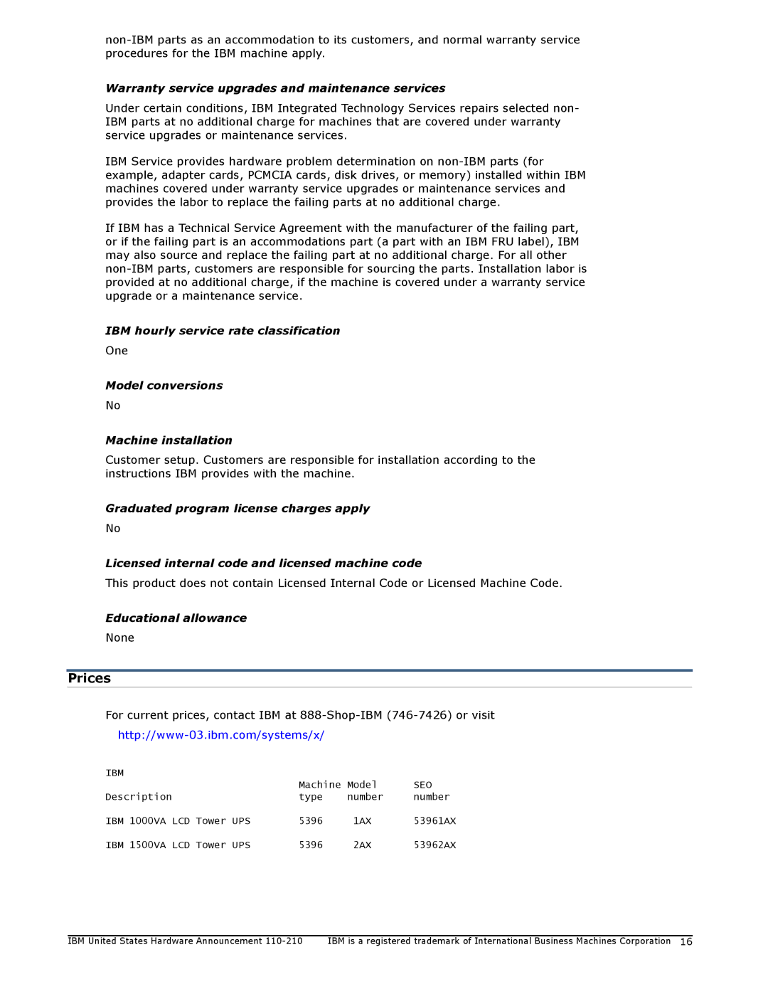 IBM 1000VA, 1500VA manual Prices, Warranty service upgrades and maintenance services, IBM hourly service rate classification 