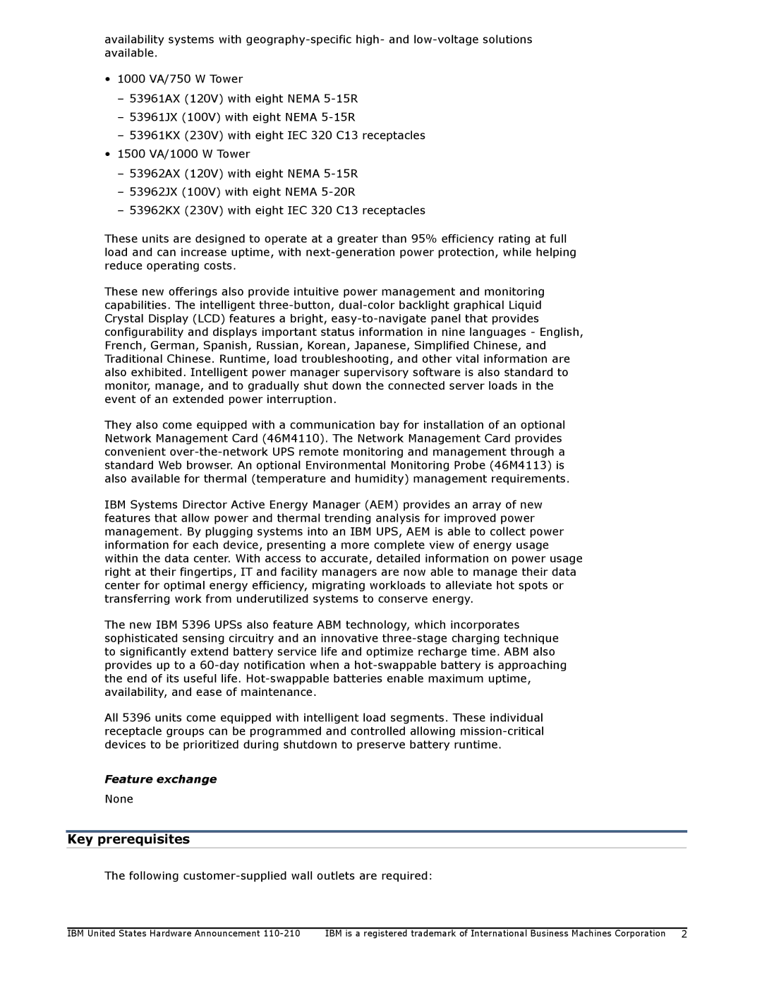 IBM 1000VA, 1500VA manual Key prerequisites, Feature exchange 