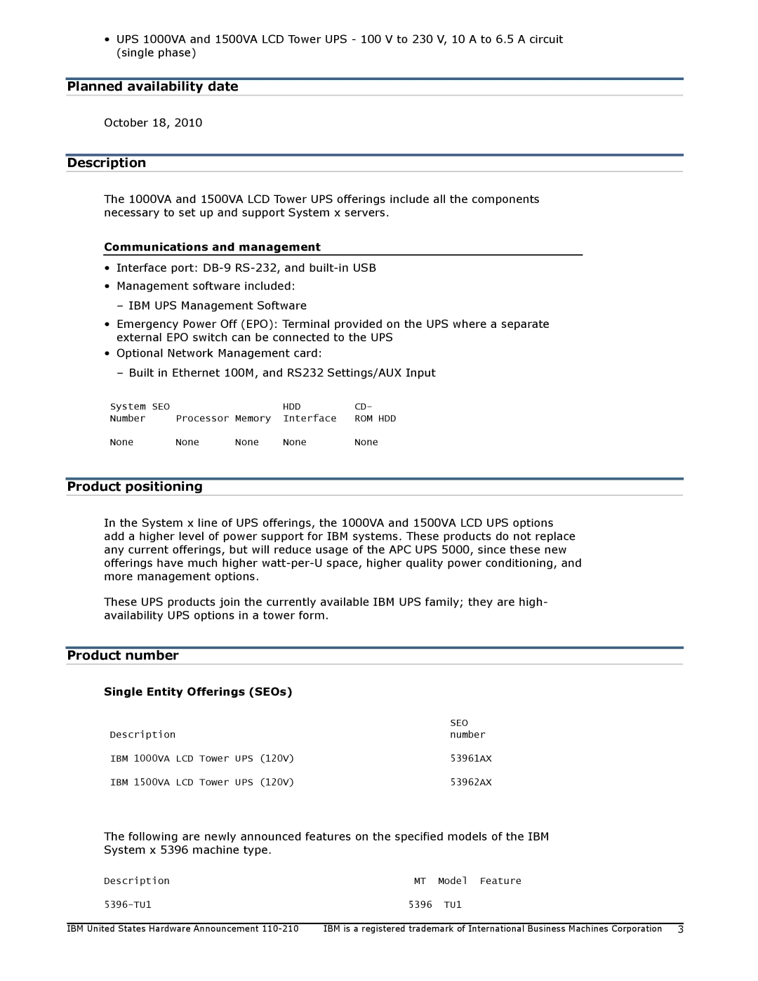 IBM 1500VA, 1000VA manual Planned availability date, Description, Product positioning, Product number 