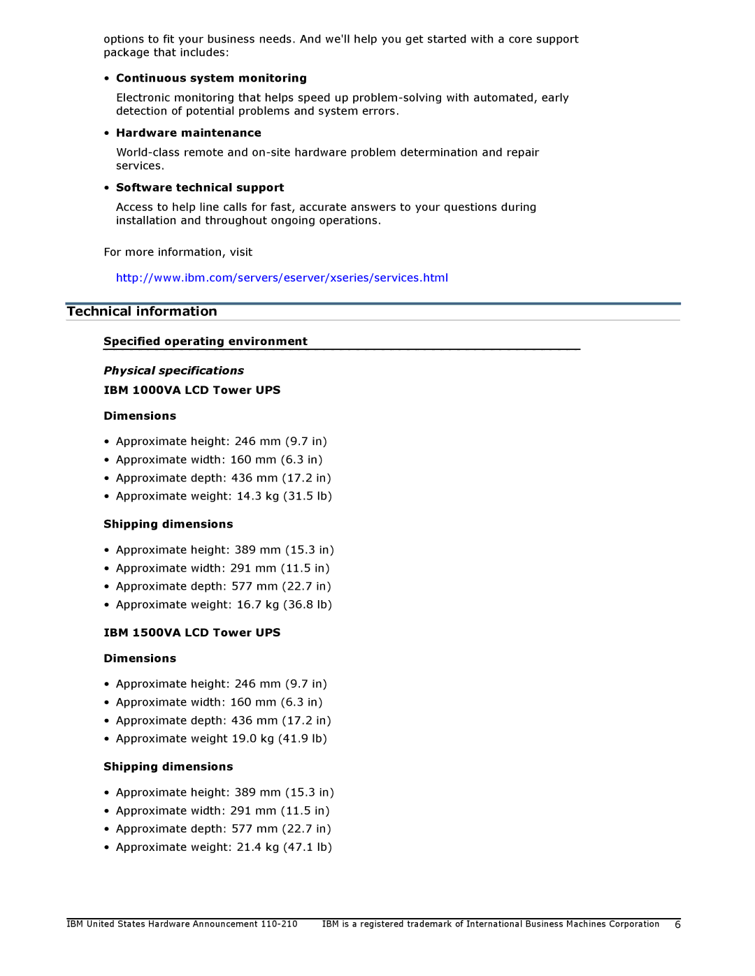 IBM 1000VA, 1500VA manual Technical information, Physical specifications 