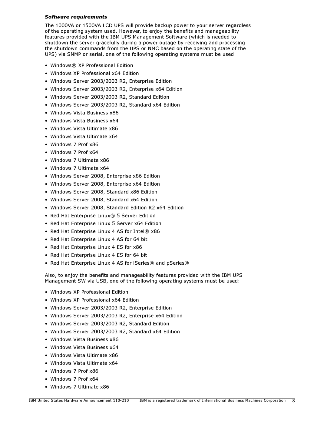 IBM 1000VA, 1500VA manual Software requirements 