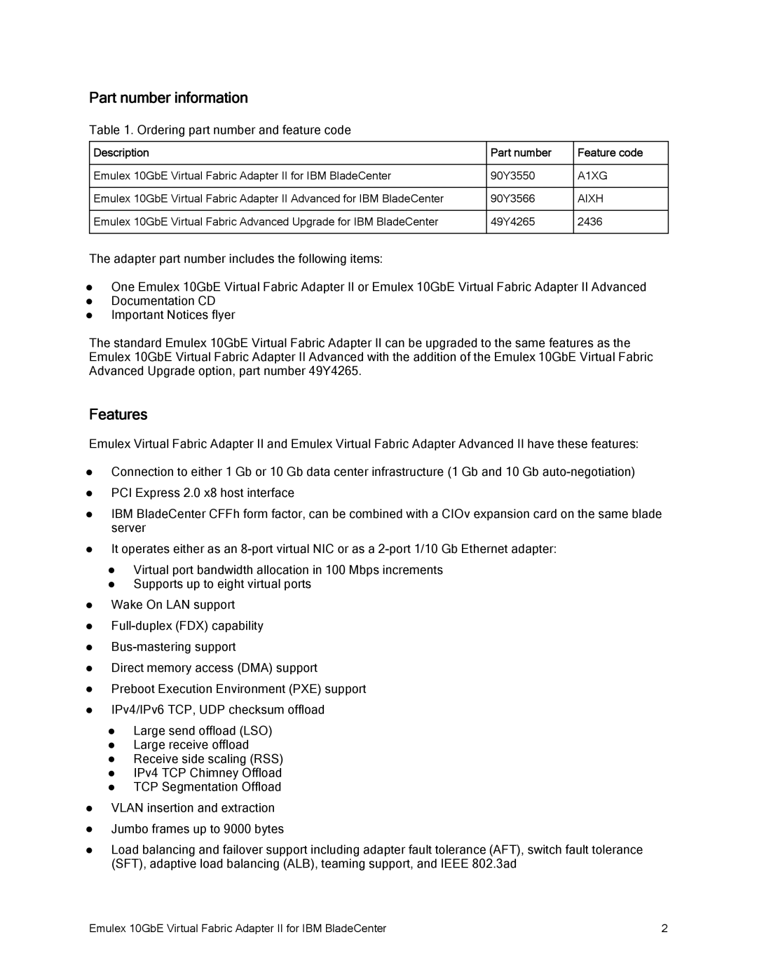 IBM 10GBE manual Part number information, Features, Description Part number Feature code 