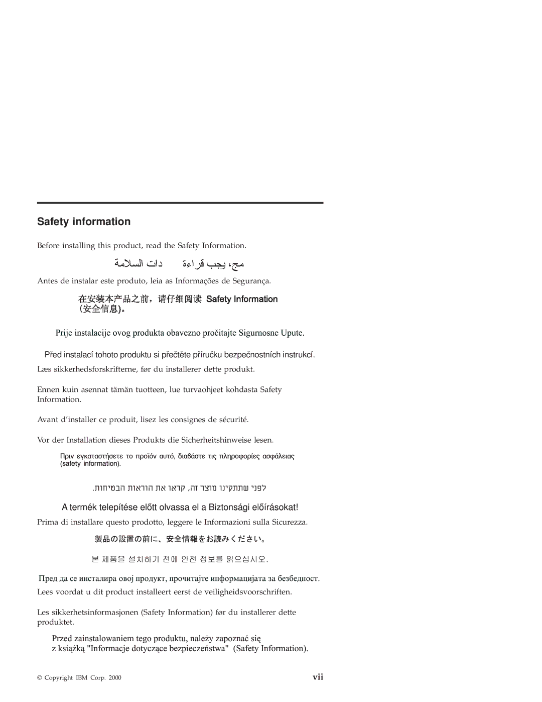 IBM 10K0001 manual Safety information, Vii 