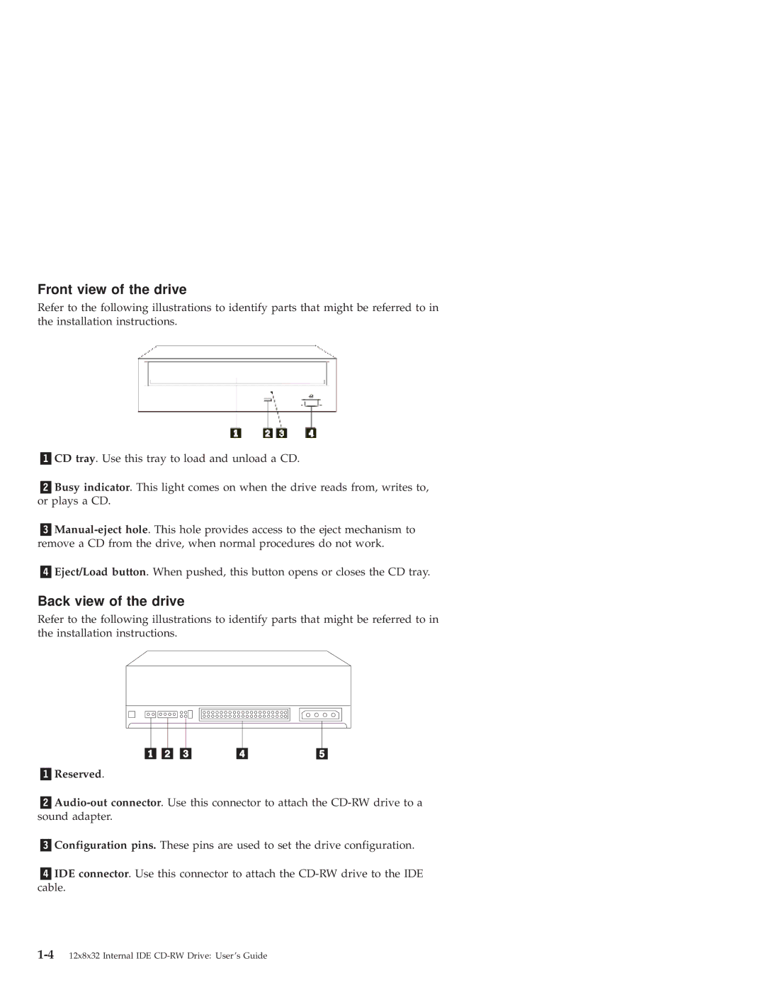 IBM 10K3786 manual Front view of the drive, Back view of the drive, Reserved 