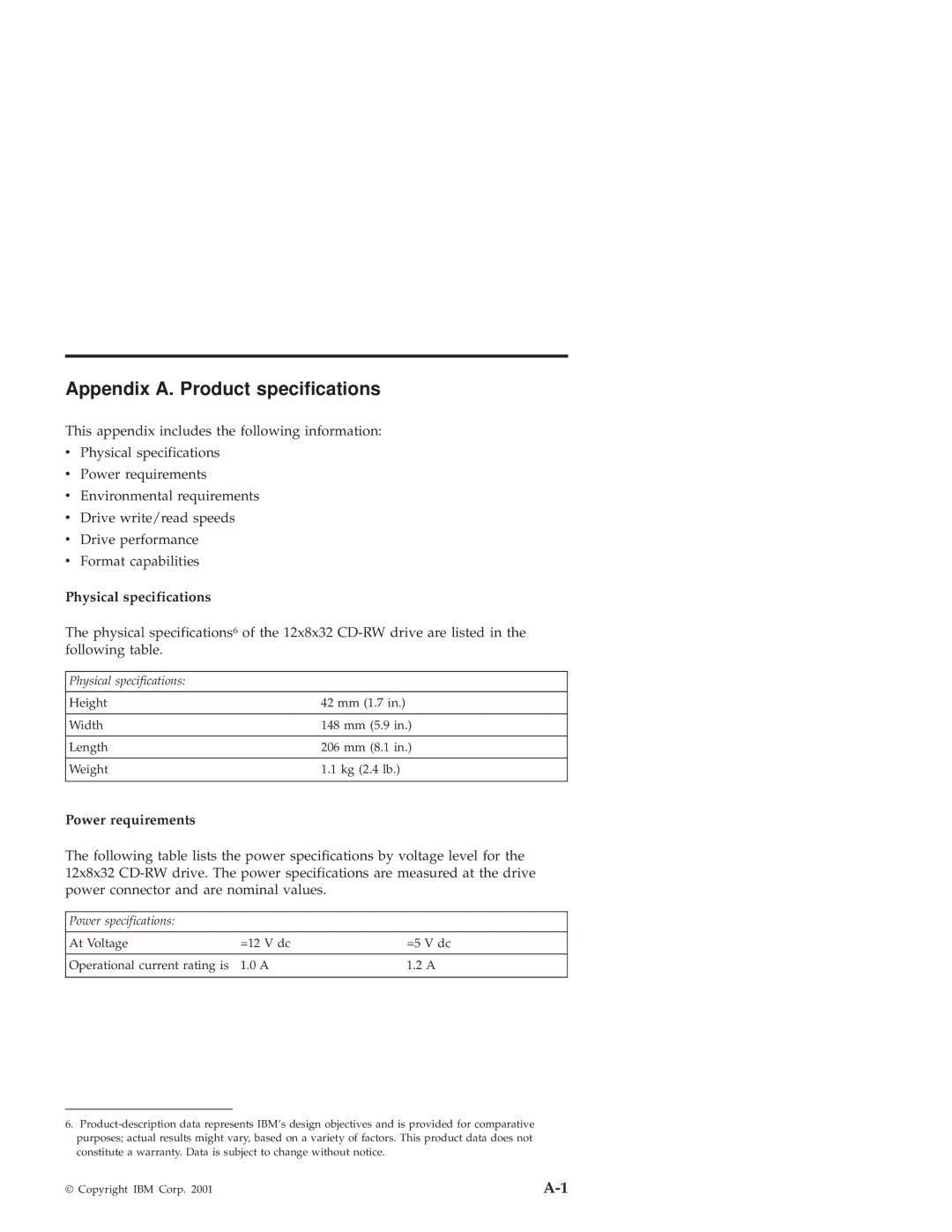 IBM 10K3786 manual Appendix A. Product specifications, Physical specifications, Power requirements 