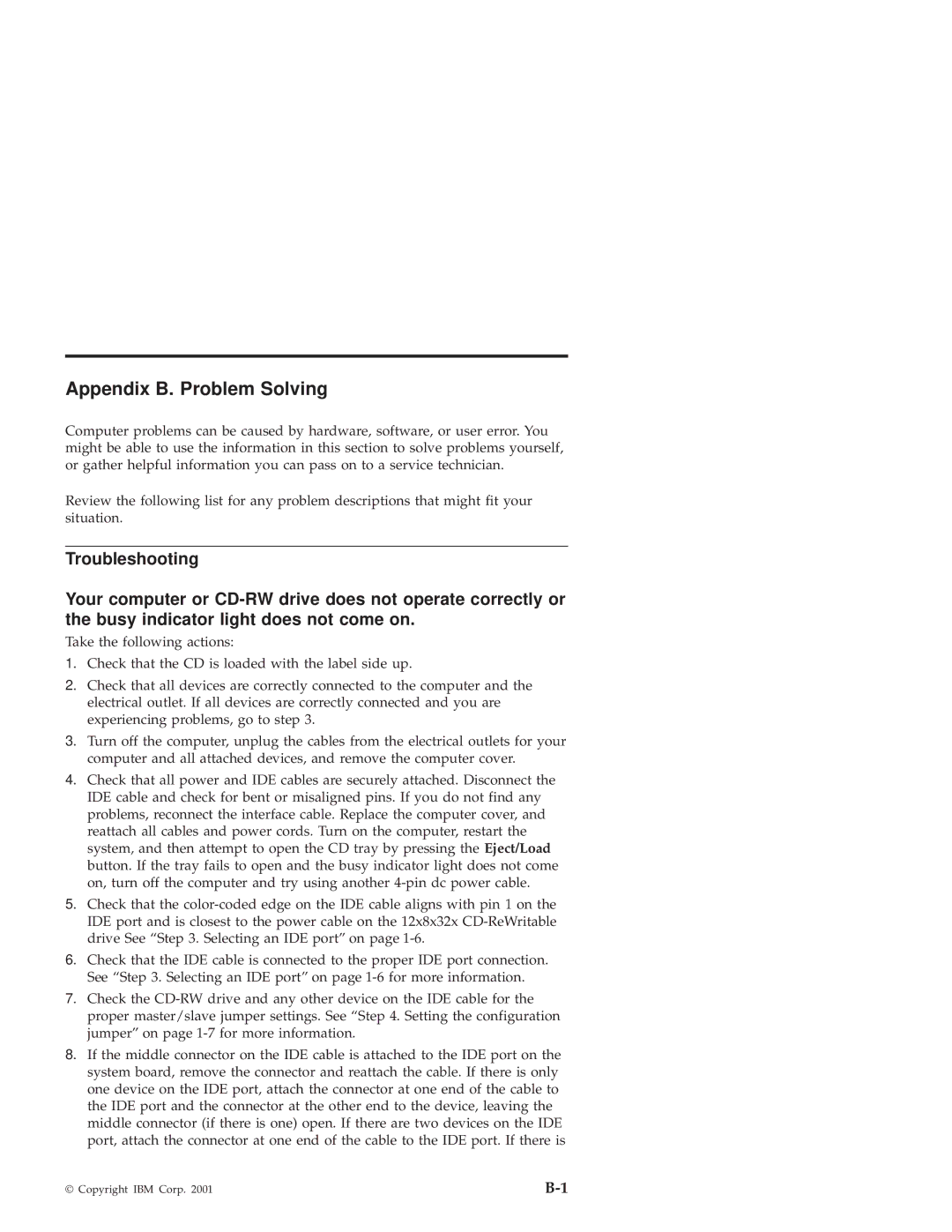 IBM 10K3786 manual Appendix B. Problem Solving 