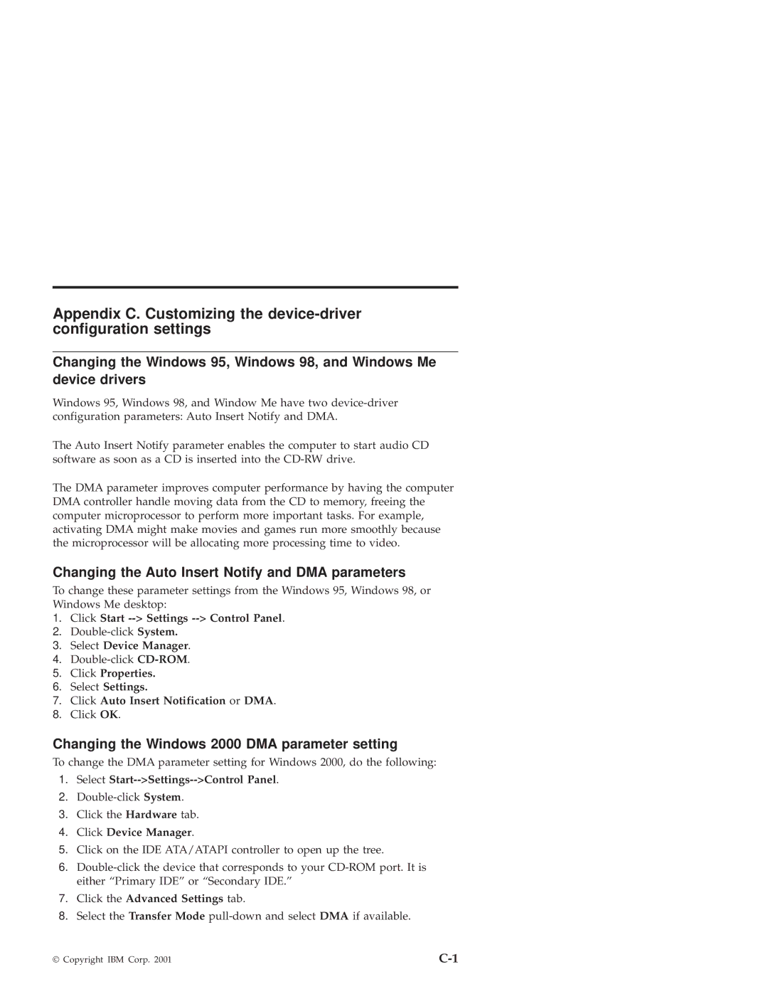 IBM 10K3786 manual Changing the Auto Insert Notify and DMA parameters, Changing the Windows 2000 DMA parameter setting 