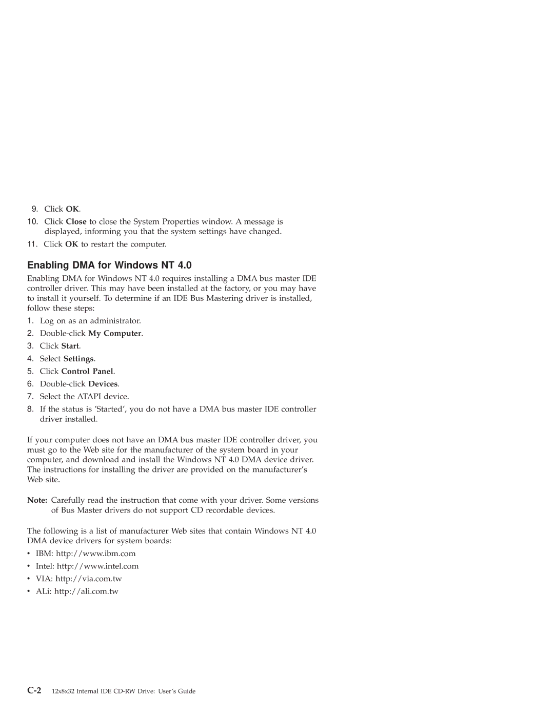 IBM 10K3786 manual Enabling DMA for Windows NT, Click Control Panel 