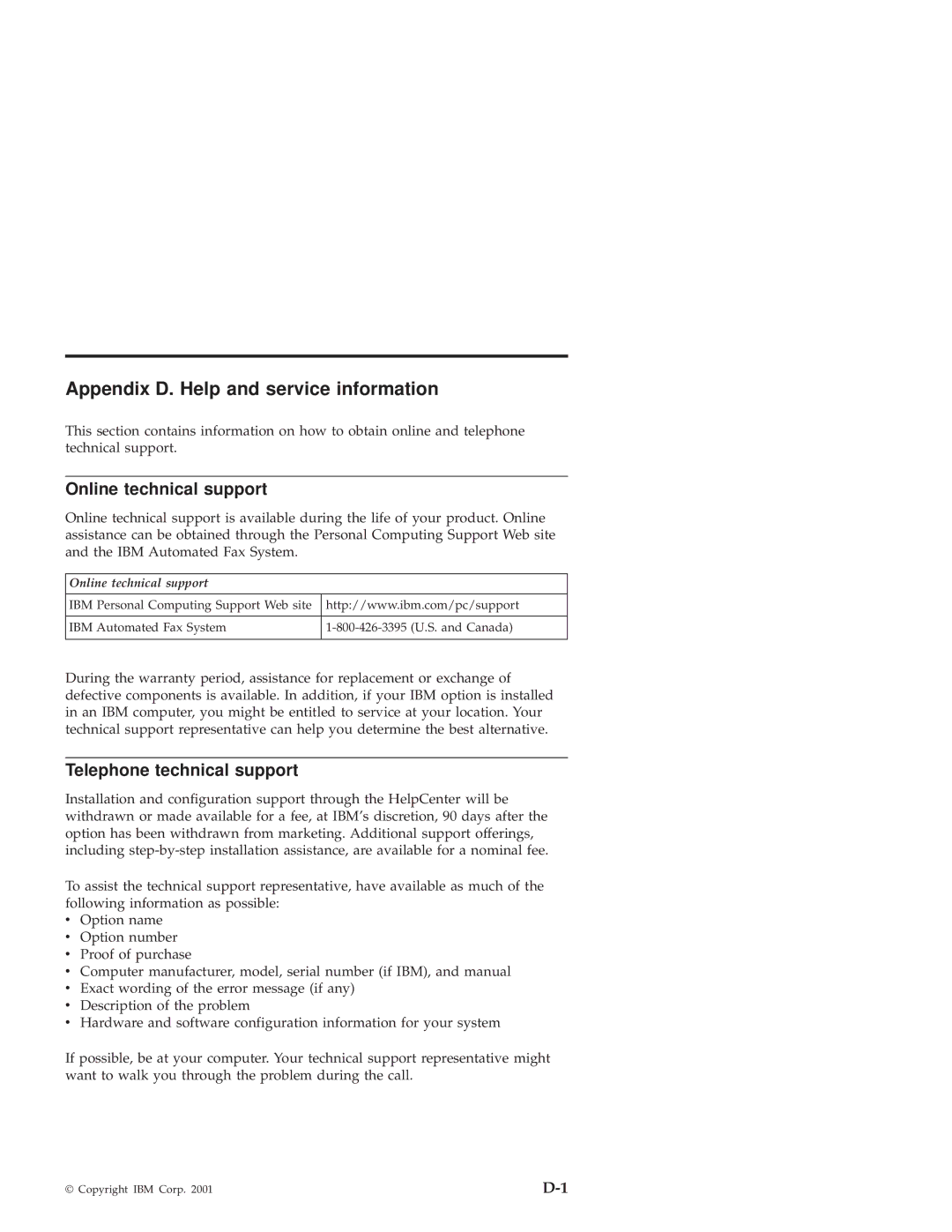 IBM 10K3786 manual Appendix D. Help and service information, Online technical support, Telephone technical support 