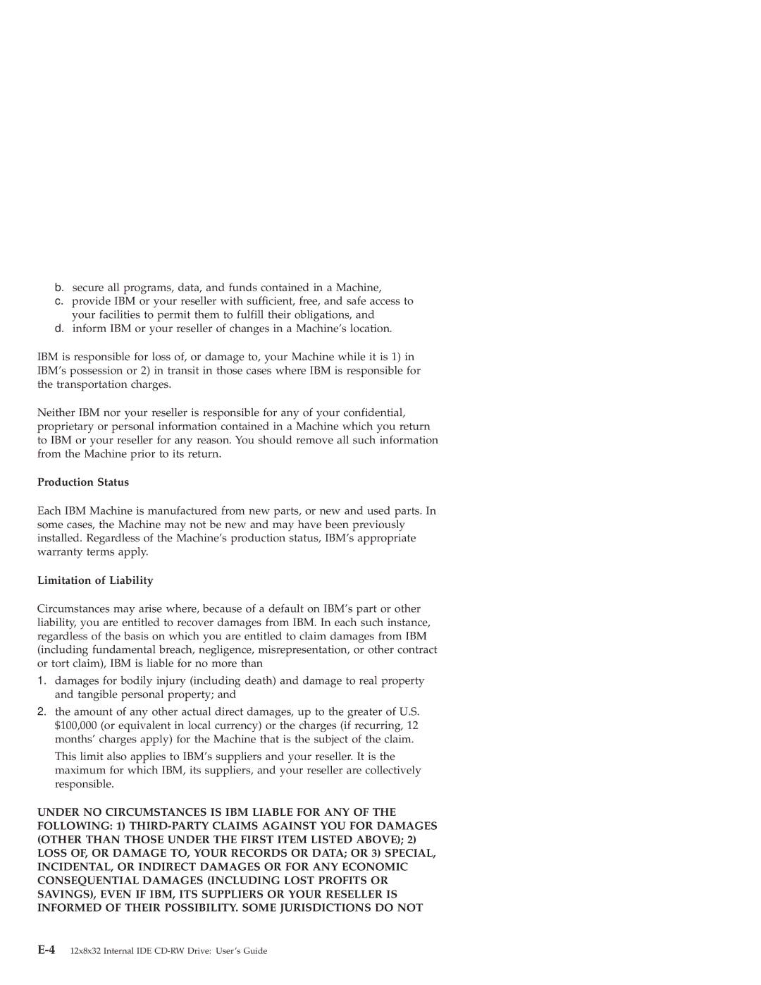 IBM 10K3786 manual Production Status, Limitation of Liability 