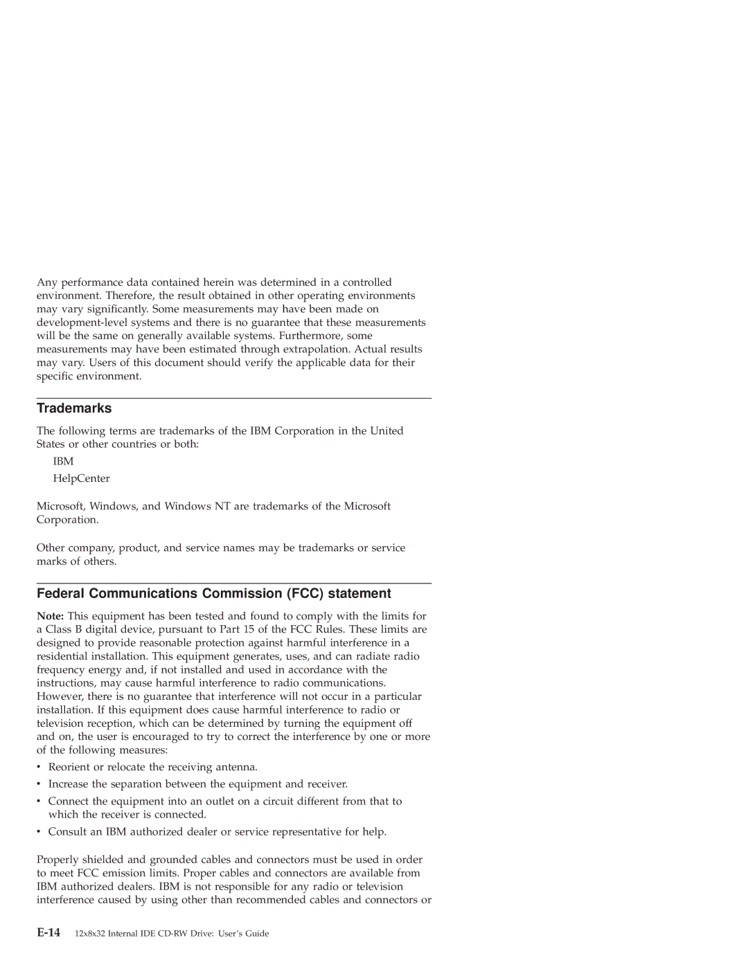 IBM 10K3786 manual Trademarks, Federal Communications Commission FCC statement 