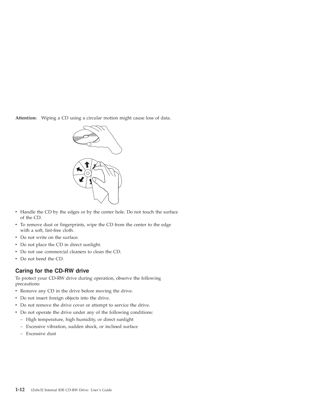 IBM 10K3786 manual Caring for the CD-RW drive 