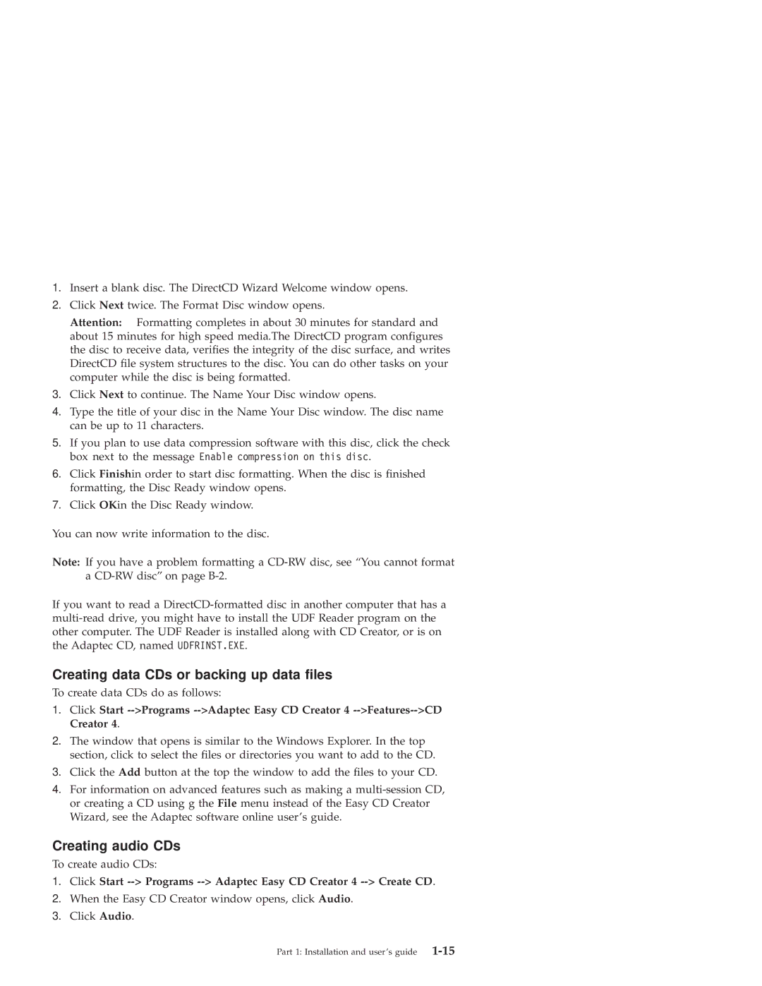 IBM 10K3786 manual Creating data CDs or backing up data files, Creating audio CDs 