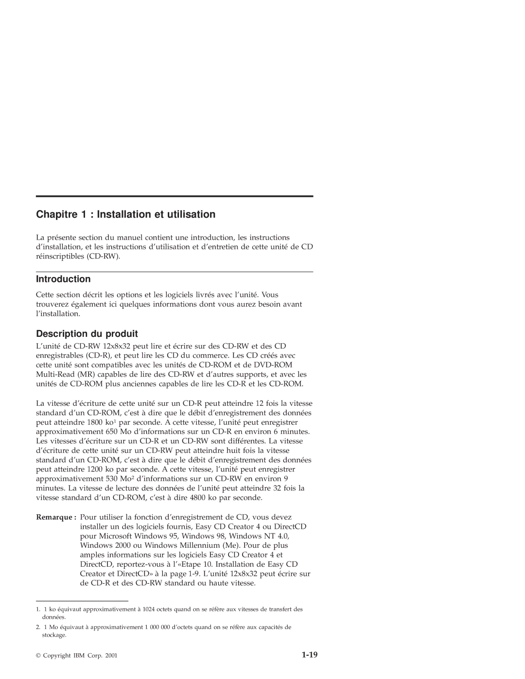 IBM 10K3786 manual Chapitre 1 Installation et utilisation, Description du produit 