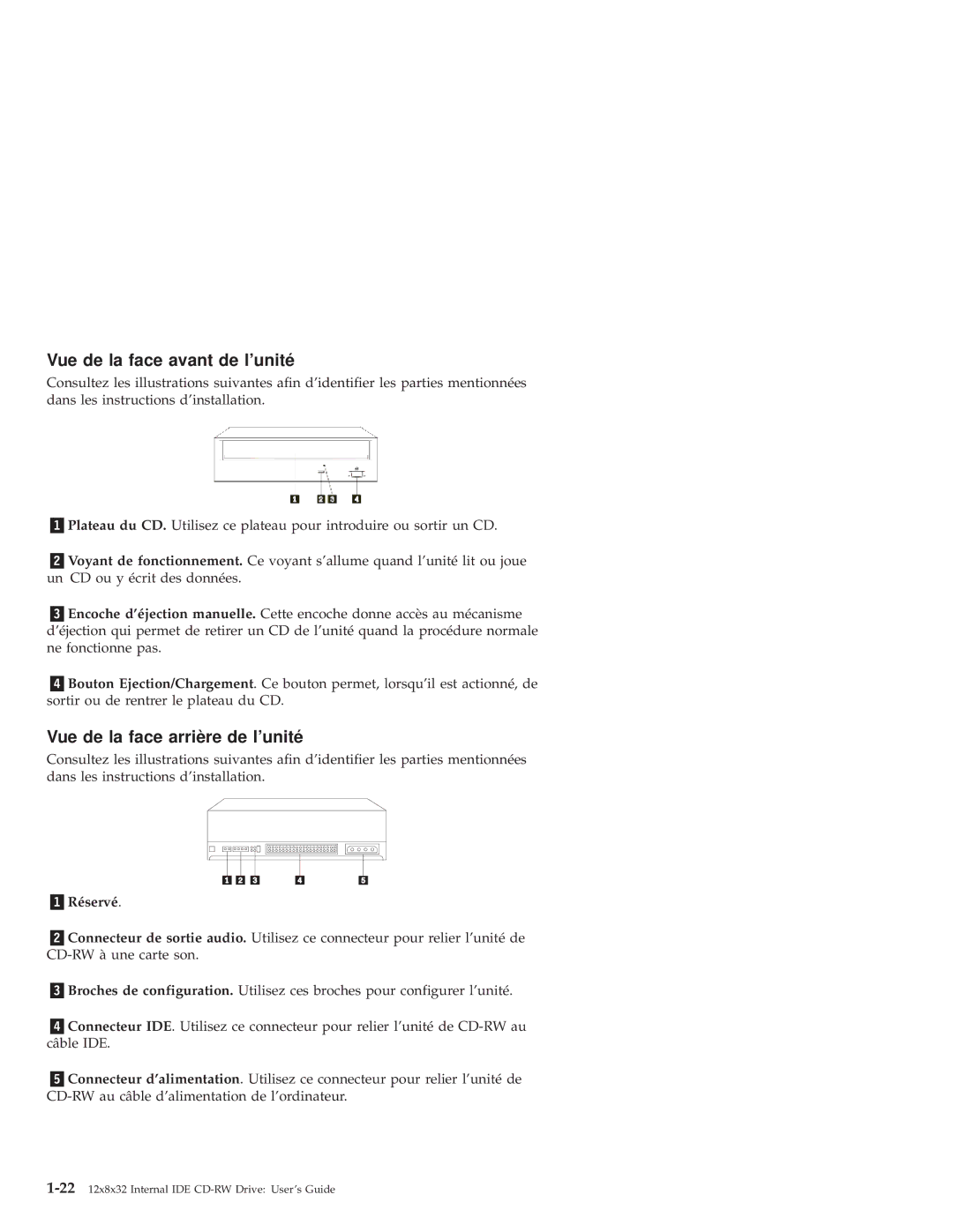 IBM 10K3786 manual Vue de la face avant de lunité, Vue de la face arrière de lunité, «1¬Réservé 