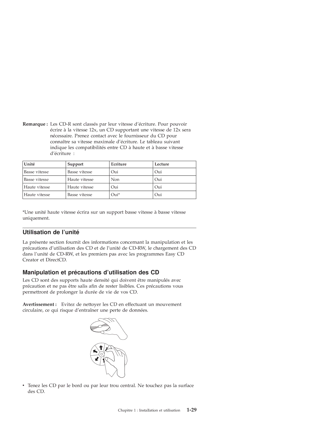 IBM 10K3786 manual Utilisation de lunité, Manipulation et précautions dutilisation des CD 