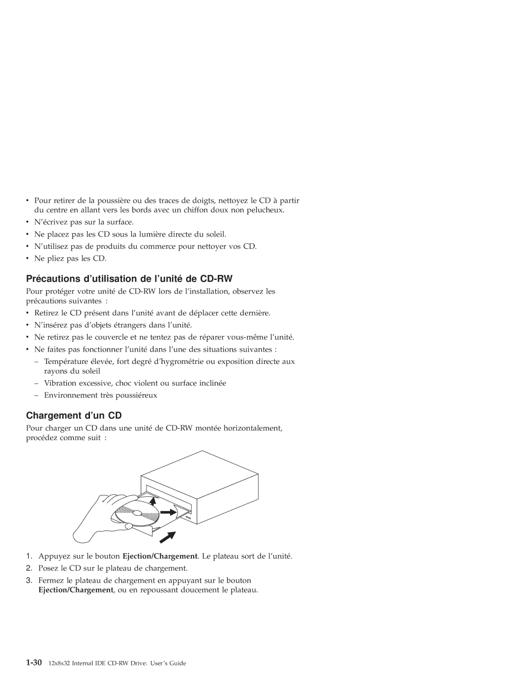 IBM 10K3786 manual Précautions dutilisation de lunité de CD-RW, Chargement dun CD 