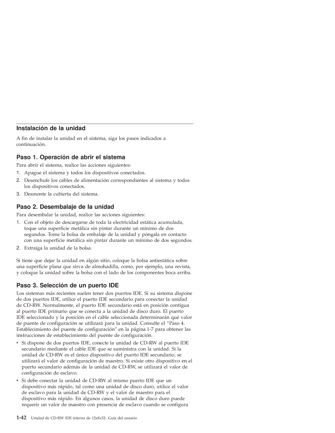 IBM 10K3786 manual Instalación de la unidad, Paso 1. Operación de abrir el sistema, Paso 2. Desembalaje de la unidad 