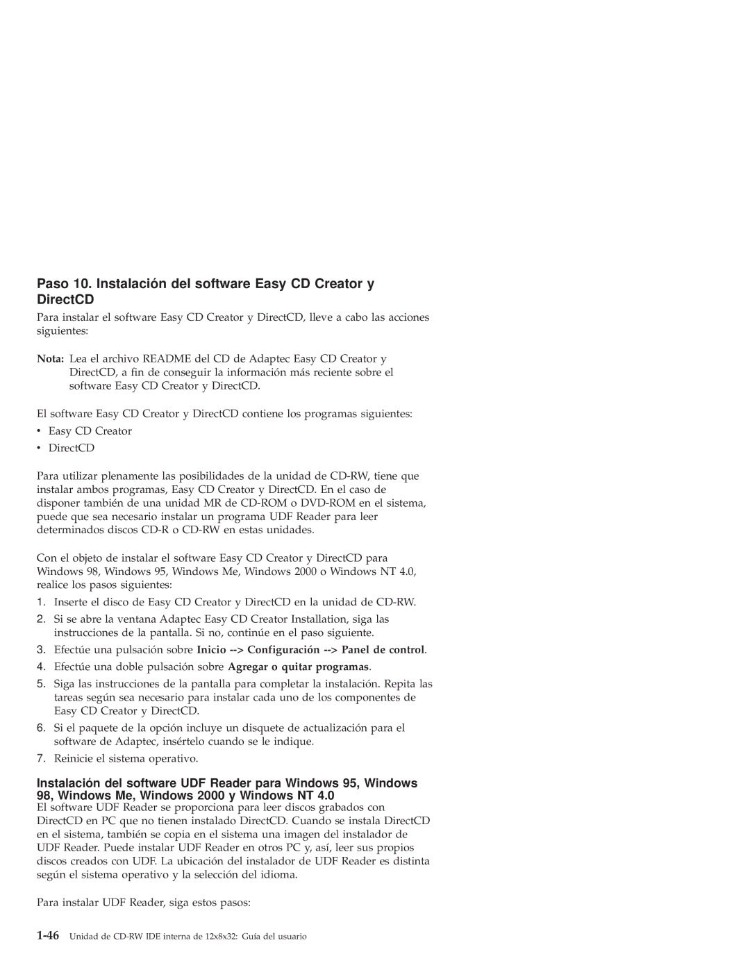 IBM 10K3786 manual Paso 10. Instalación del software Easy CD Creator y DirectCD 