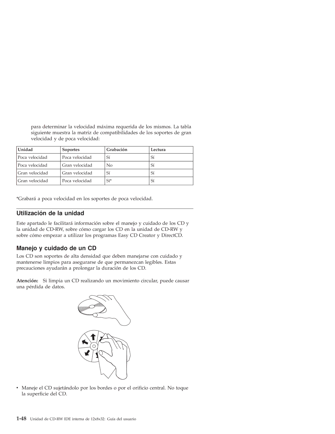 IBM 10K3786 manual Utilización de la unidad, Manejo y cuidado de un CD 