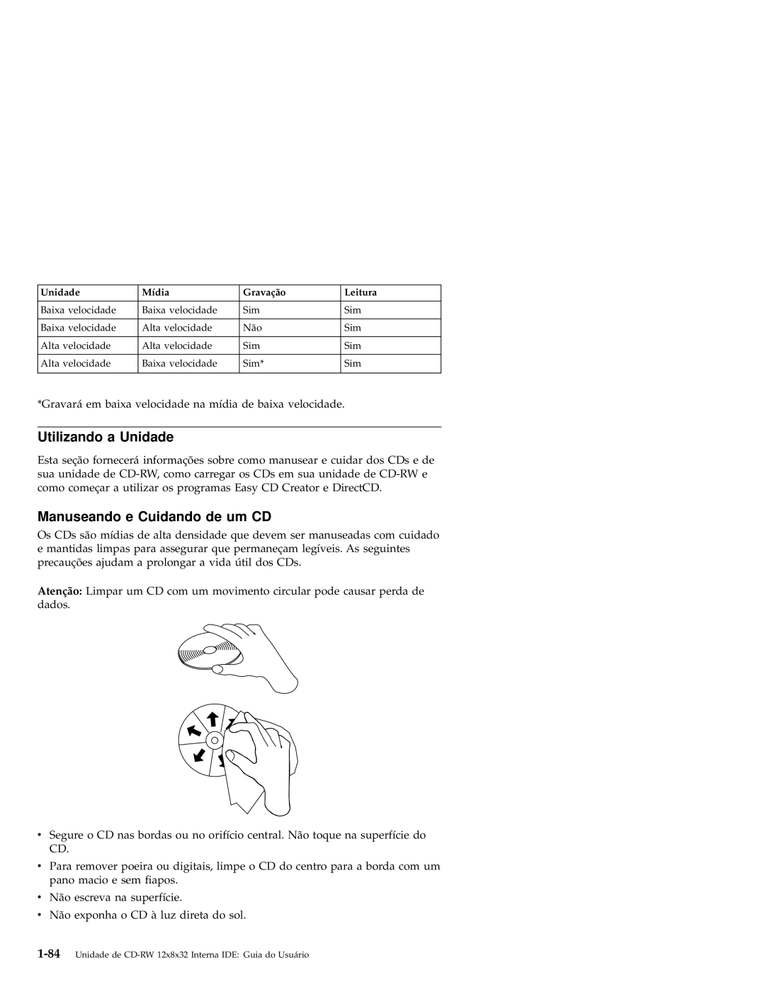 IBM 10K3786 manual Utilizando a Unidade, Manuseando e Cuidando de um CD 