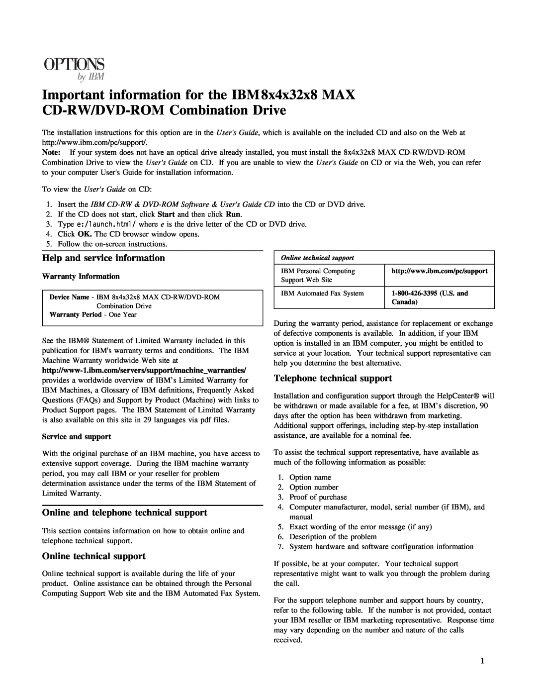 IBM 10K3791 installation instructions Important information for the IBM 8x4x32x8 MAX, CD-RW/DVD-ROM Combination Drive 