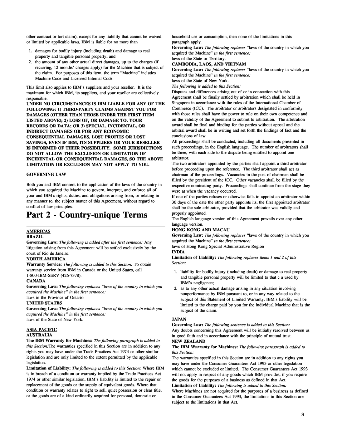 IBM 10K3791 Part 2 - Country-unique Terms, Governing Law, Americas Brazil, North America, Canada, United States, India 