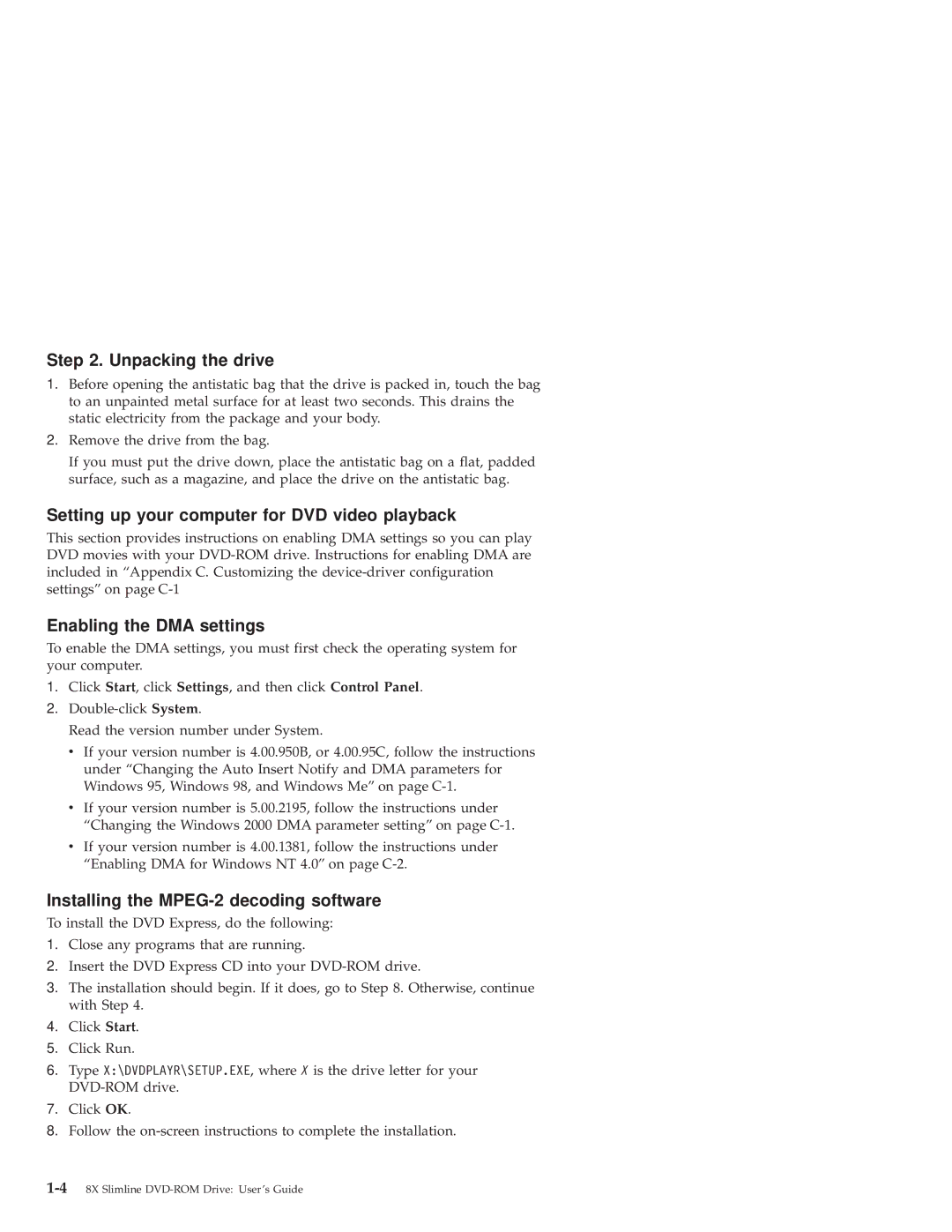 IBM 10K3799 manual Unpacking the drive, Setting up your computer for DVD video playback, Enabling the DMA settings 