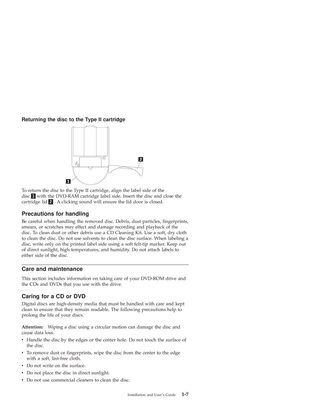 IBM 10K3799 manual Precautions for handling, Care and maintenance, Caring for a CD or DVD 